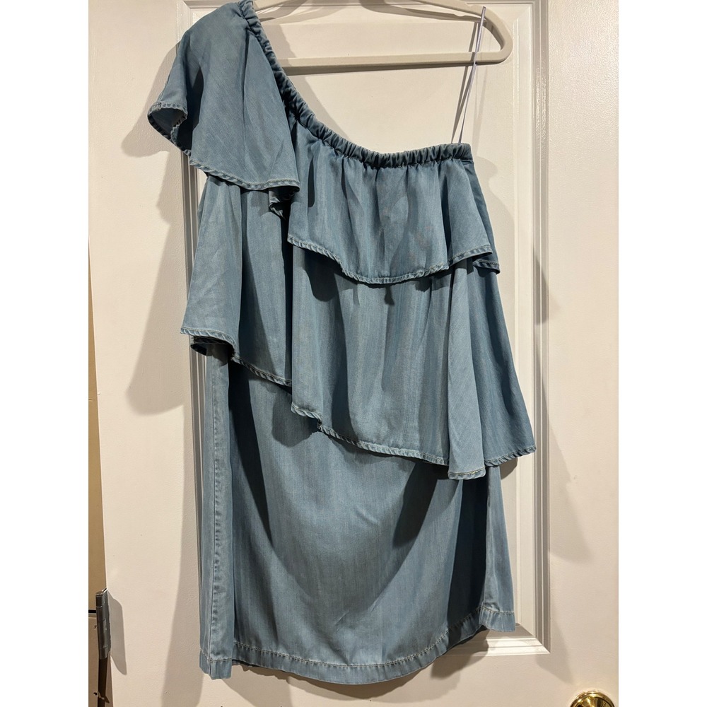 Womens Blue Tencel One Shoulder Ruffle Chambray Shift Dress Size M Boho
